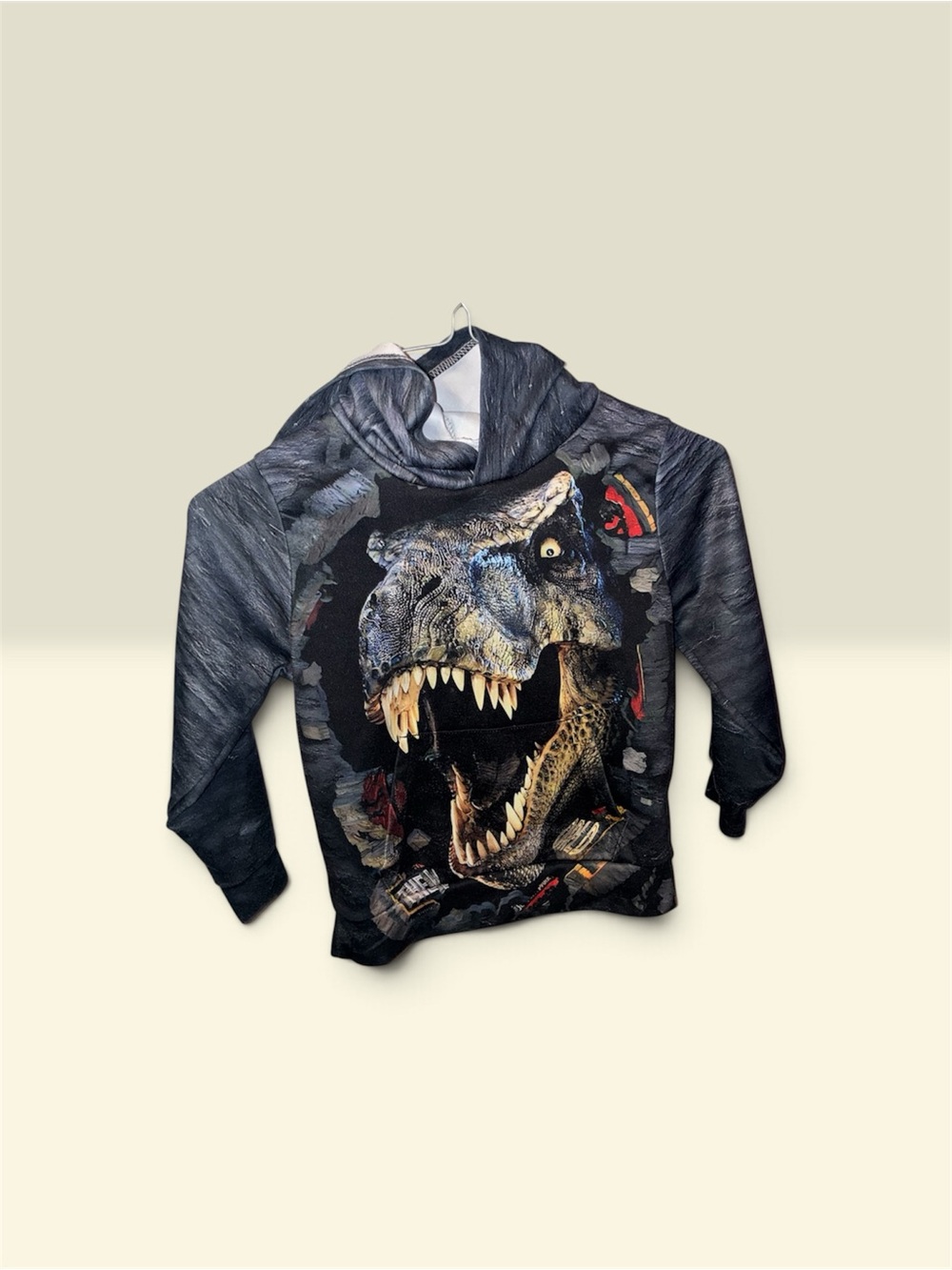 SHEIN Black Hooded Sweatshirt with Roaring Dinosaur Graphic